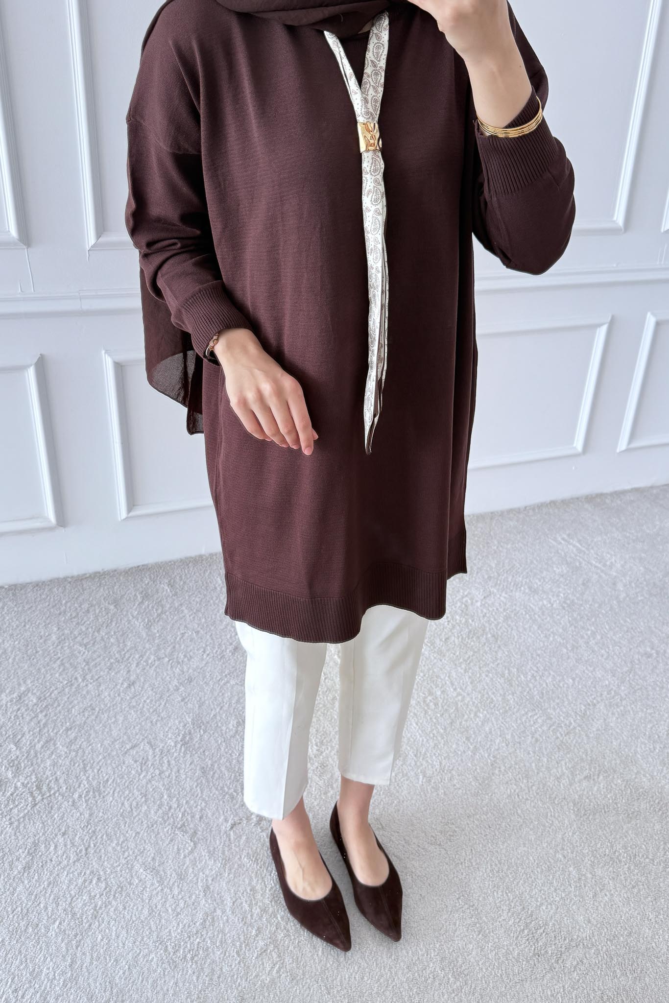 Fularlı Merserize Tunik Kahverengi