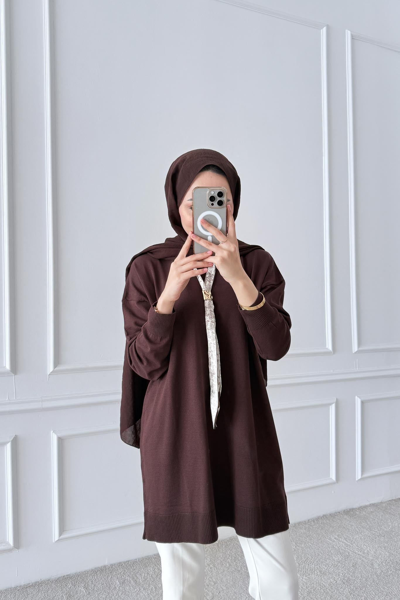 Fularlı Merserize Tunik Kahverengi