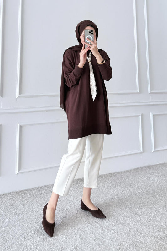 Fularlı Merserize Tunik Kahverengi