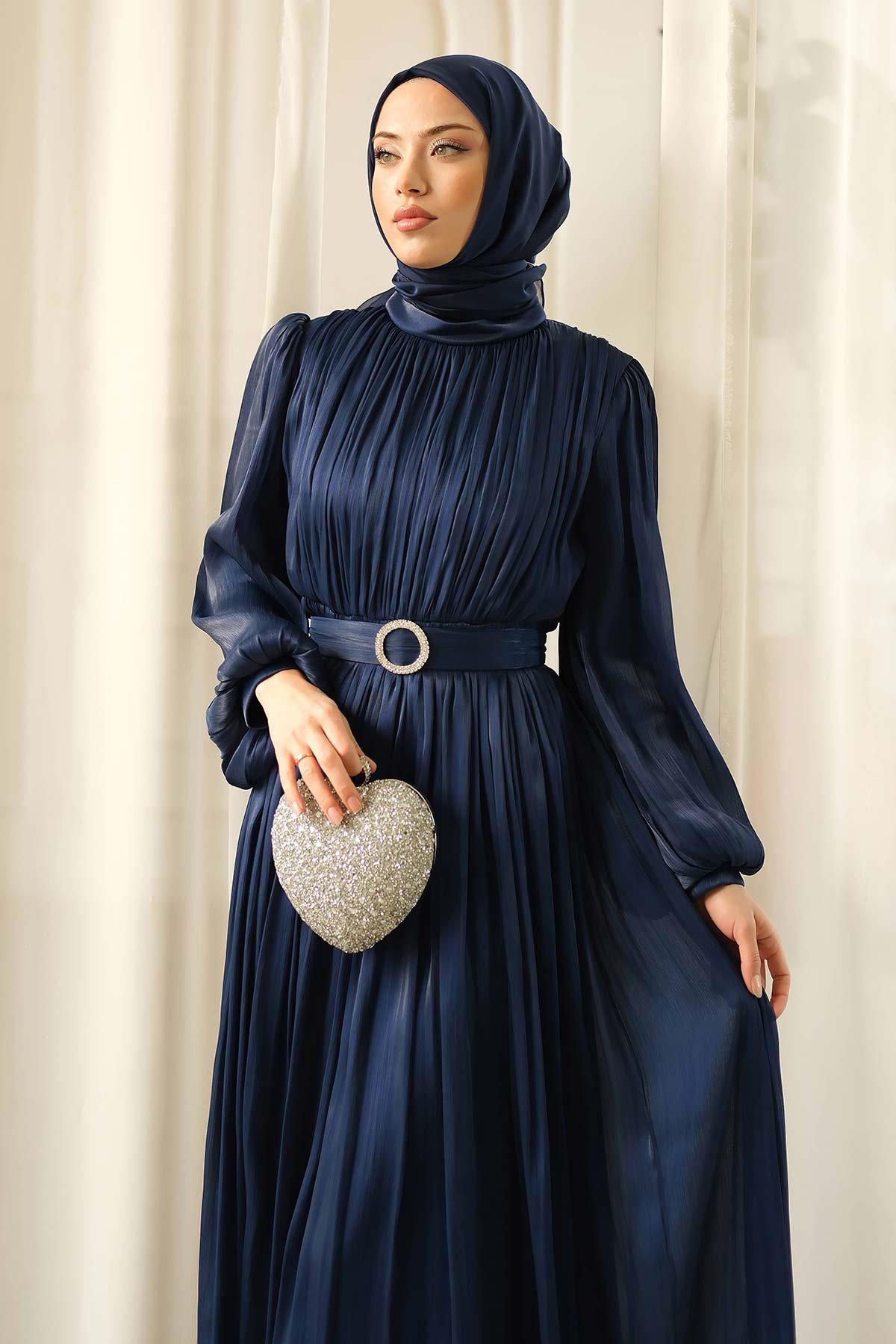 Gold Deren Evening Dress Navy Blue