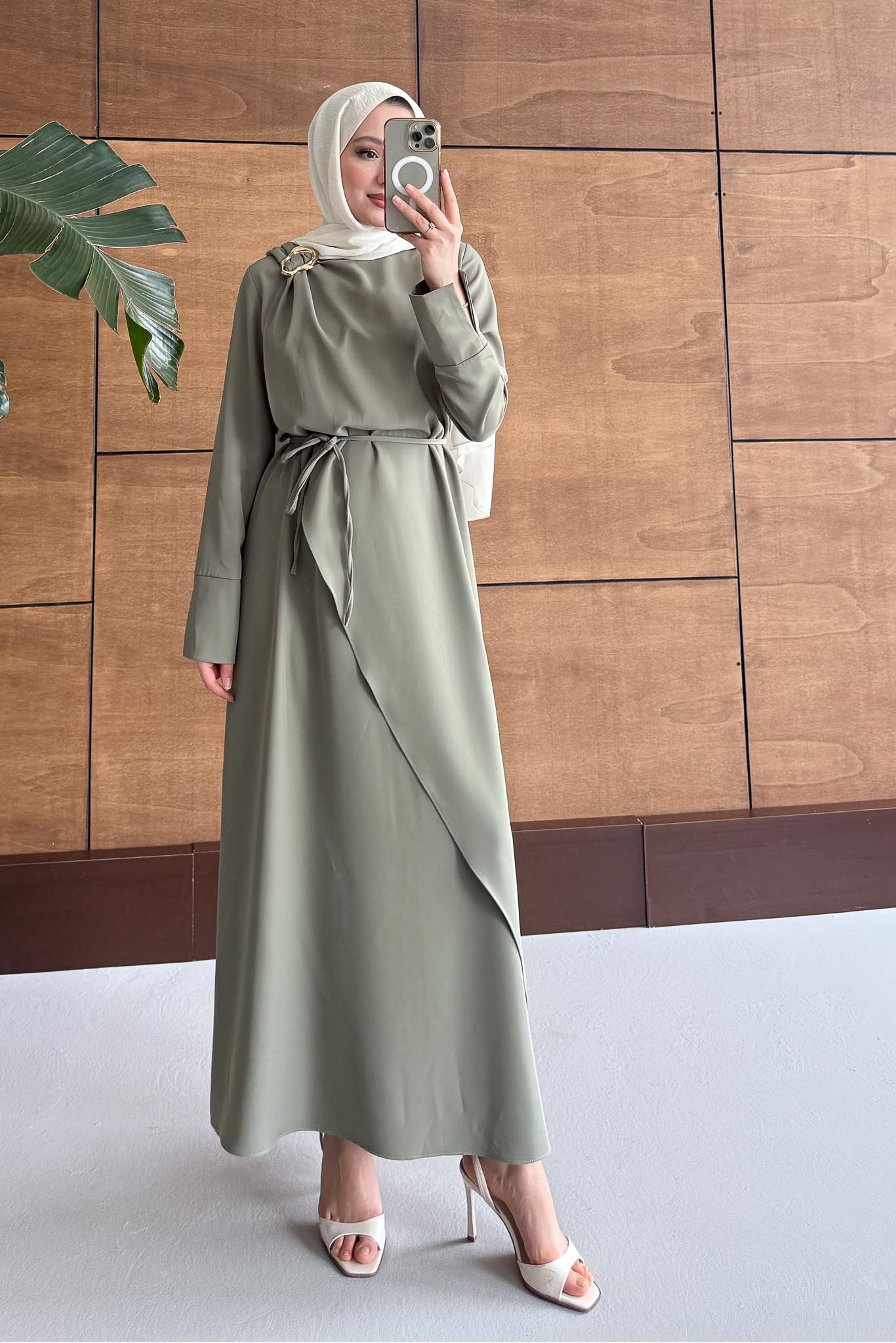 Gold Tokalı Elbise Olive