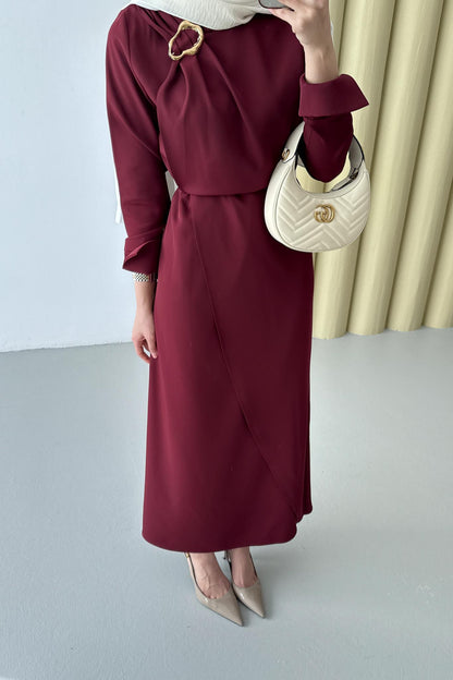 Gold Tokalı Elbise Bordo