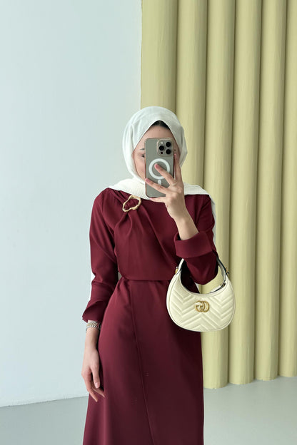 Gold Tokalı Elbise Bordo