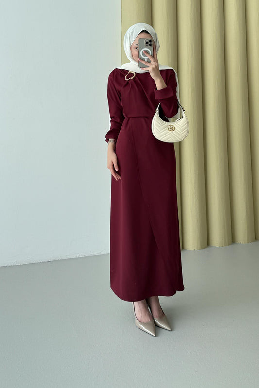 Gold Tokalı Elbise Bordo