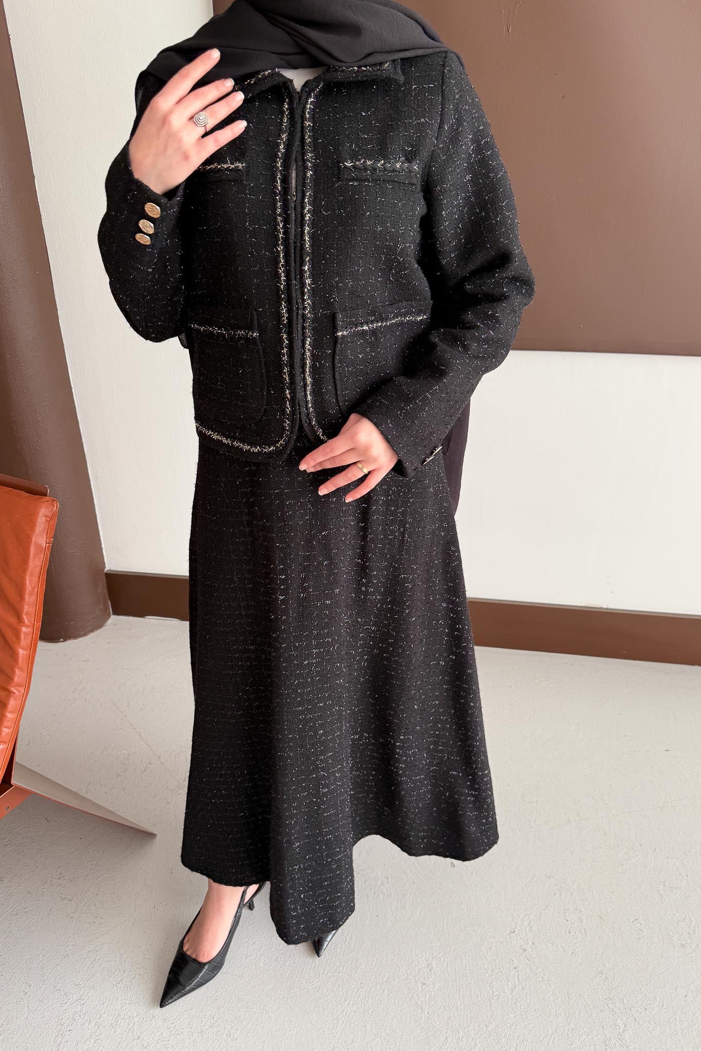 Woven Tweed Skirt Suit Navy Blue