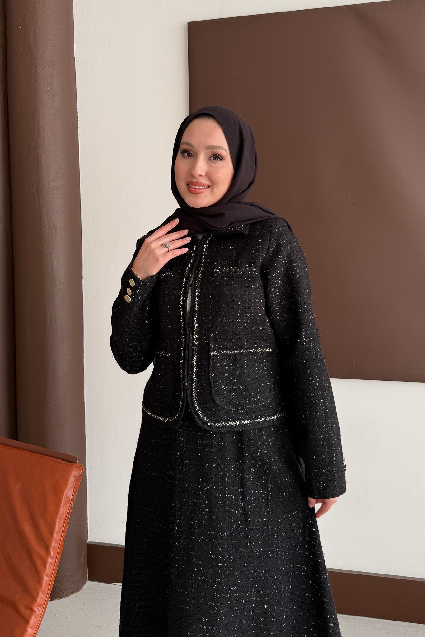 Woven Tweed Skirt Suit Navy Blue