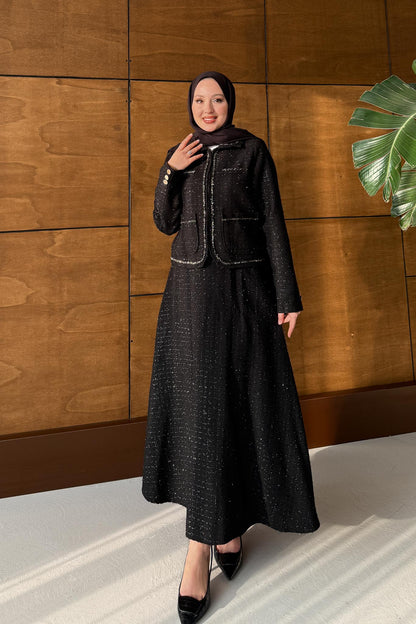 Woven Tweed Skirt Suit Navy Blue