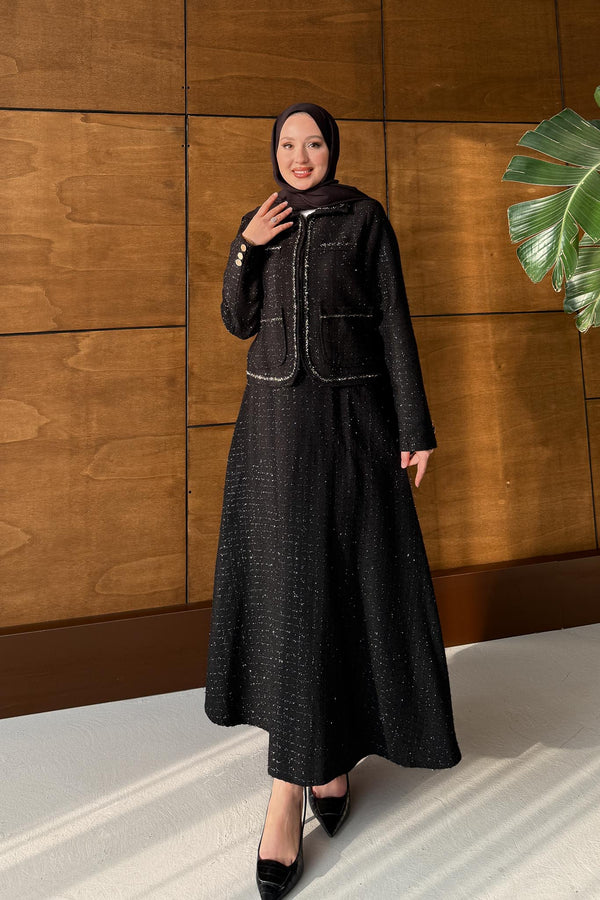 Woven Tweed Skirt Suit Navy Blue