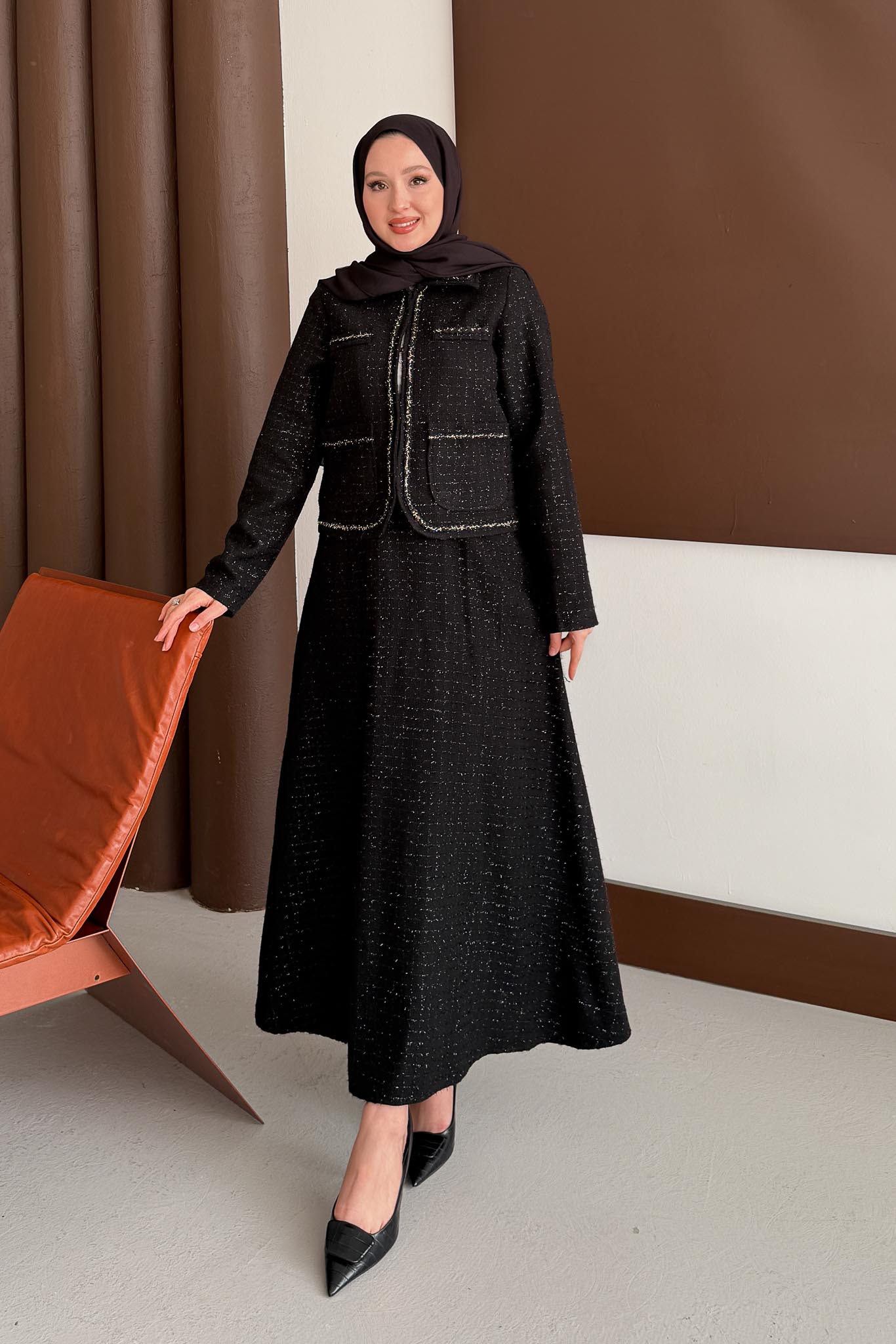 Woven Tweed Skirt Suit Navy Blue
