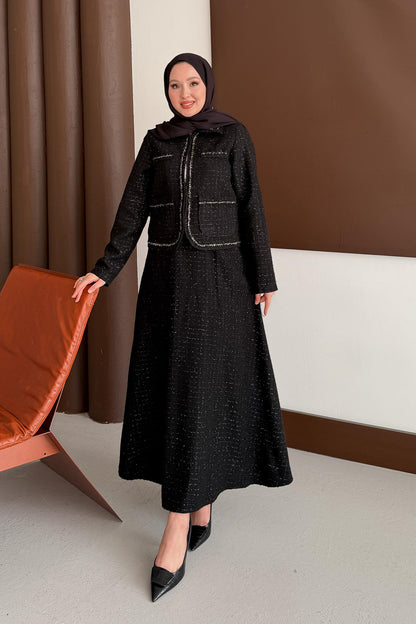Woven Tweed Skirt Suit Navy Blue