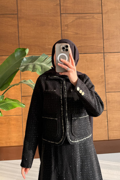 Woven Tweed Skirt Suit Navy Blue