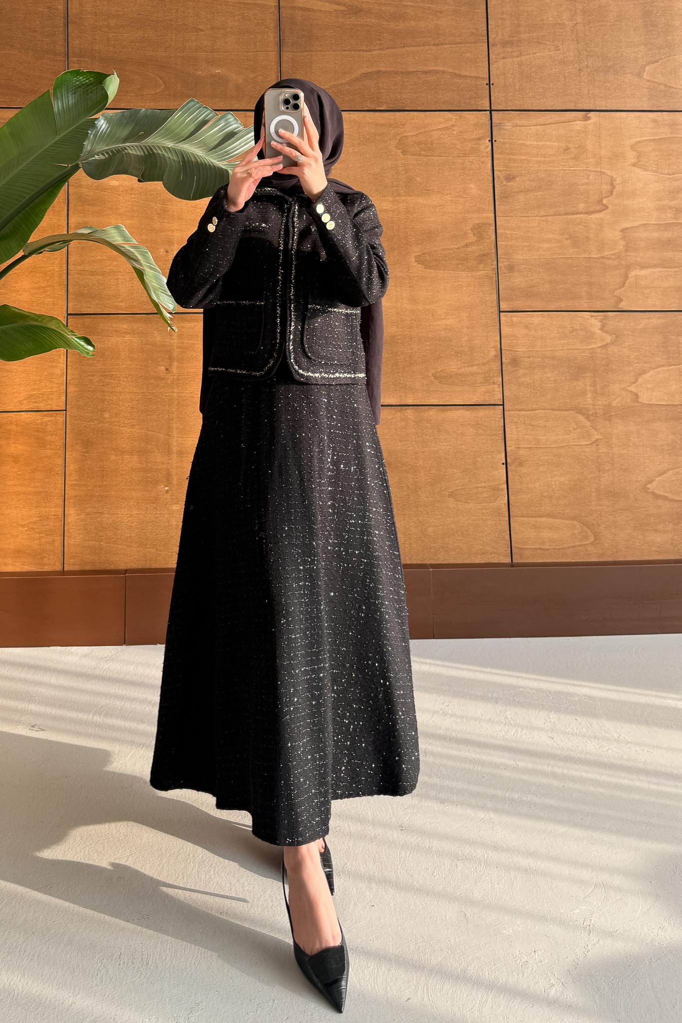 Woven Tweed Skirt Suit Navy Blue