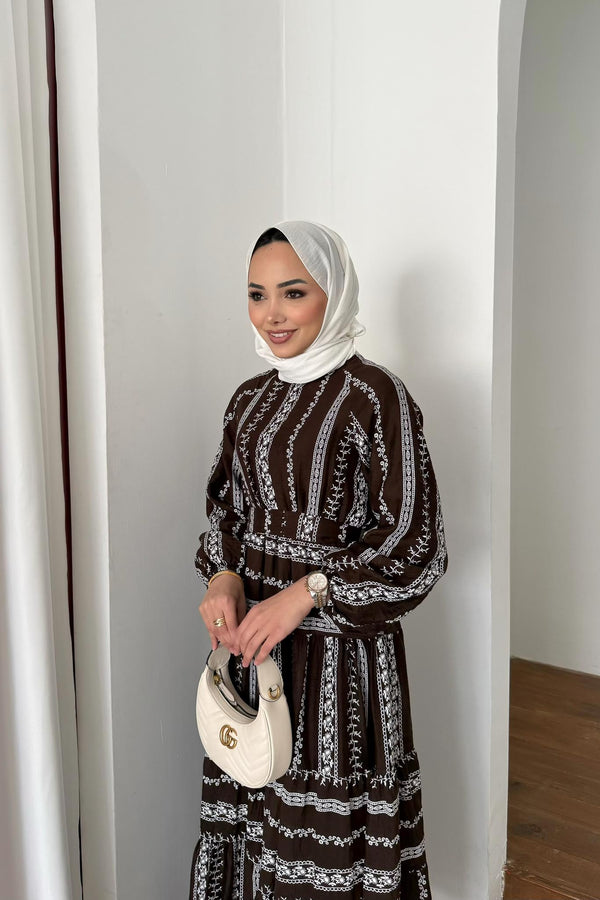 Güpür Desenli Elbise Acı Kahve