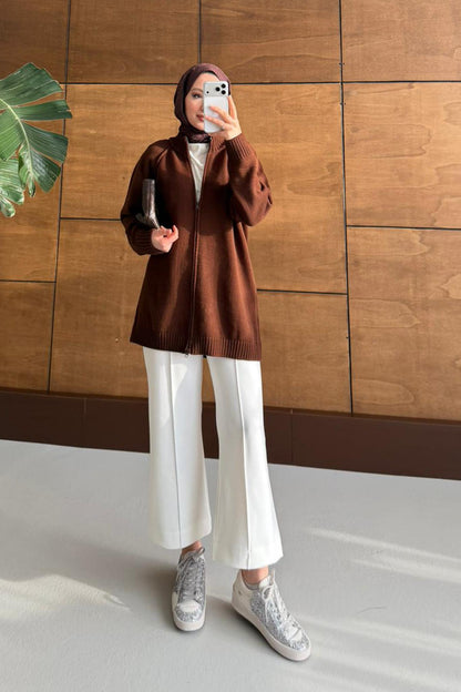 Oversize Fermuarlı Hırka Kahverengi