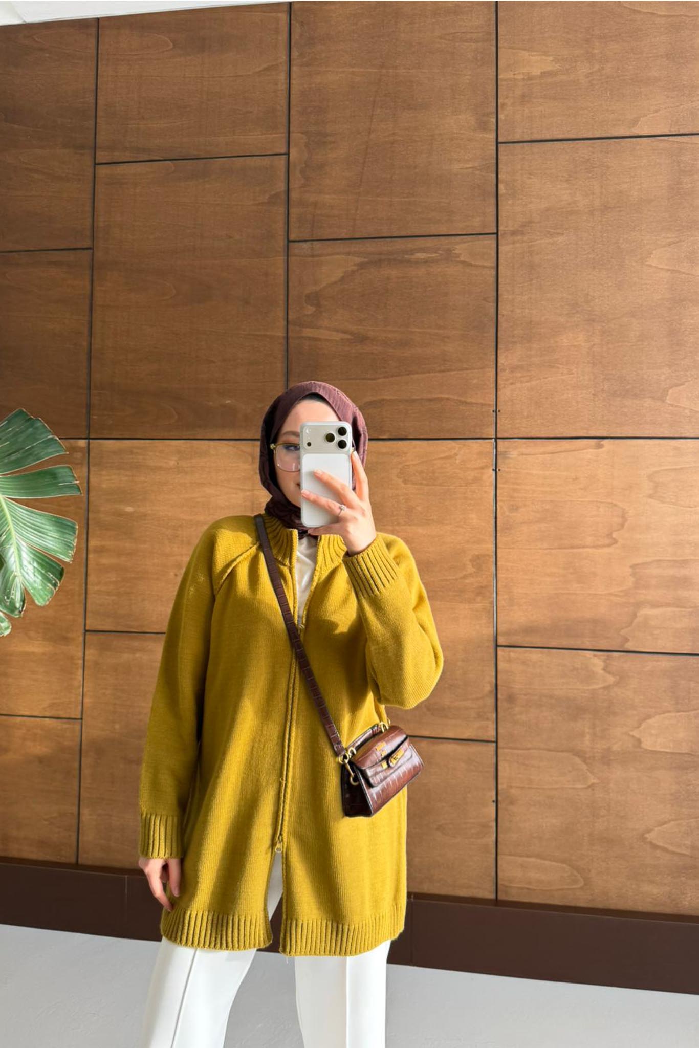 Oversize Fermuarlı Hırka Yağ Yeşili