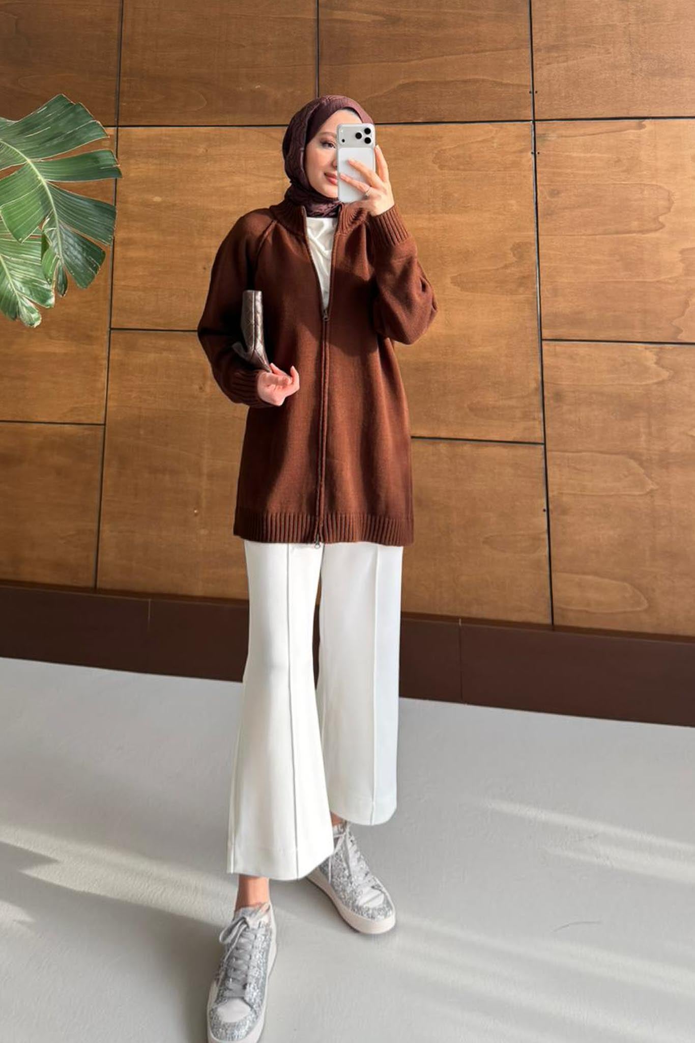 Oversize Fermuarlı Hırka Kahverengi