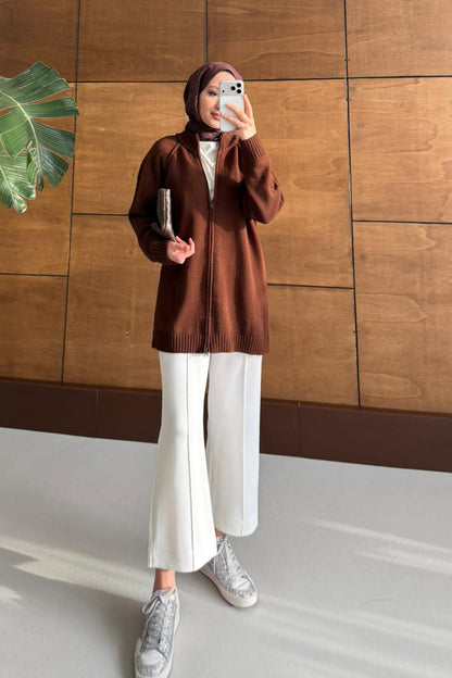 Oversize Fermuarlı Hırka Kahverengi