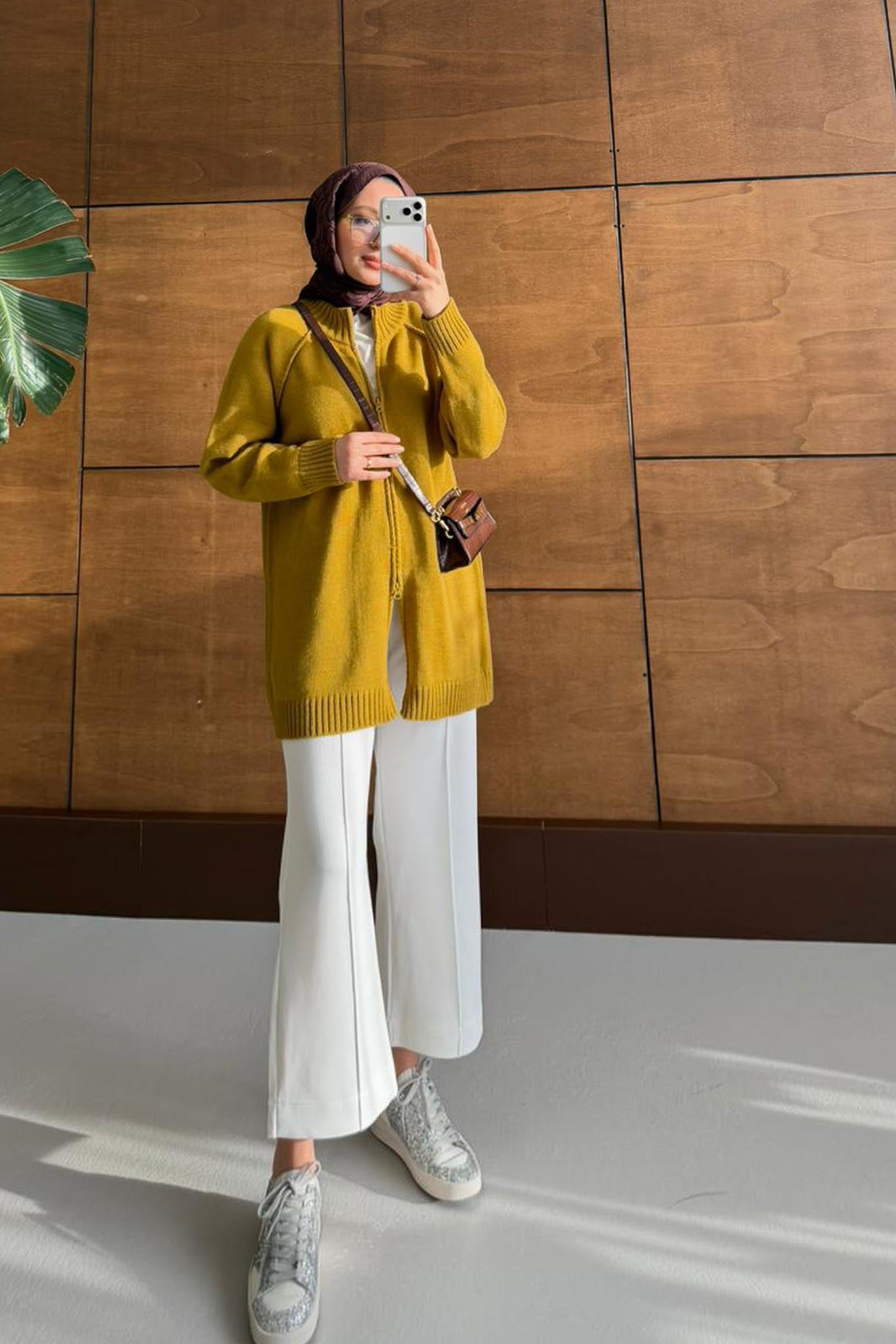 Oversize Fermuarlı Hırka Yağ Yeşili