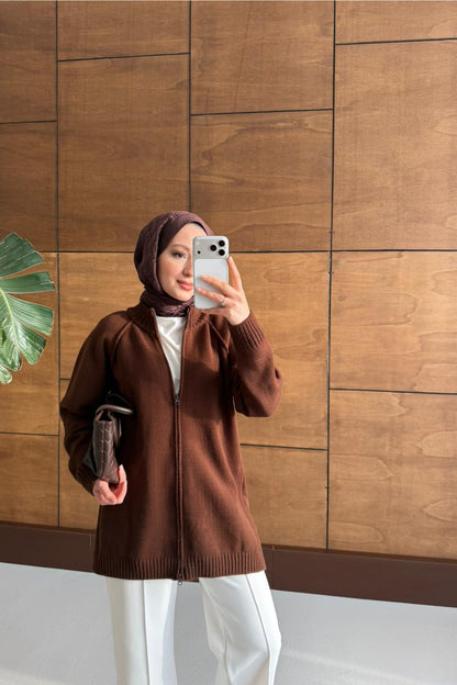 Oversize Fermuarlı Hırka Kahverengi