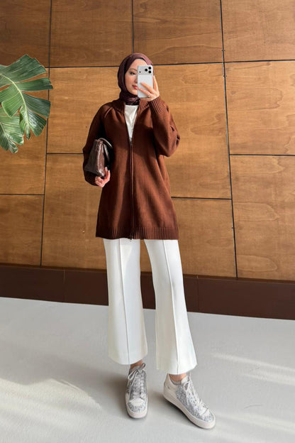 Oversize Fermuarlı Hırka Kahverengi