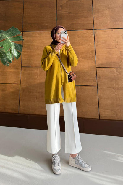 Oversize Fermuarlı Hırka Yağ Yeşili