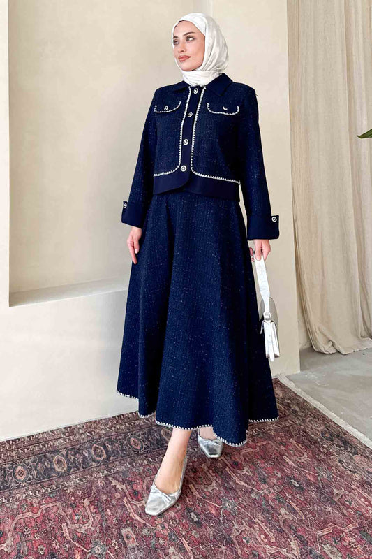 Woven Tweed Skirt Suit Navy Blue