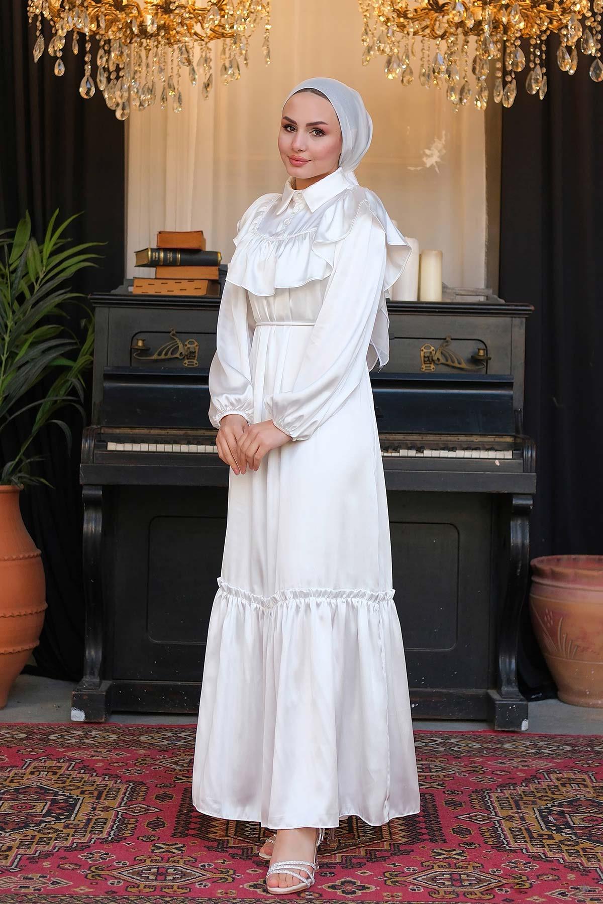 Silk Satin Lace Dress White