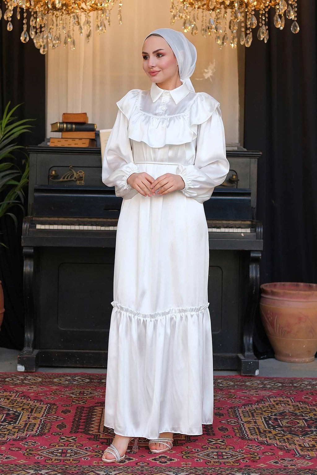 Silk Satin Lace Dress White