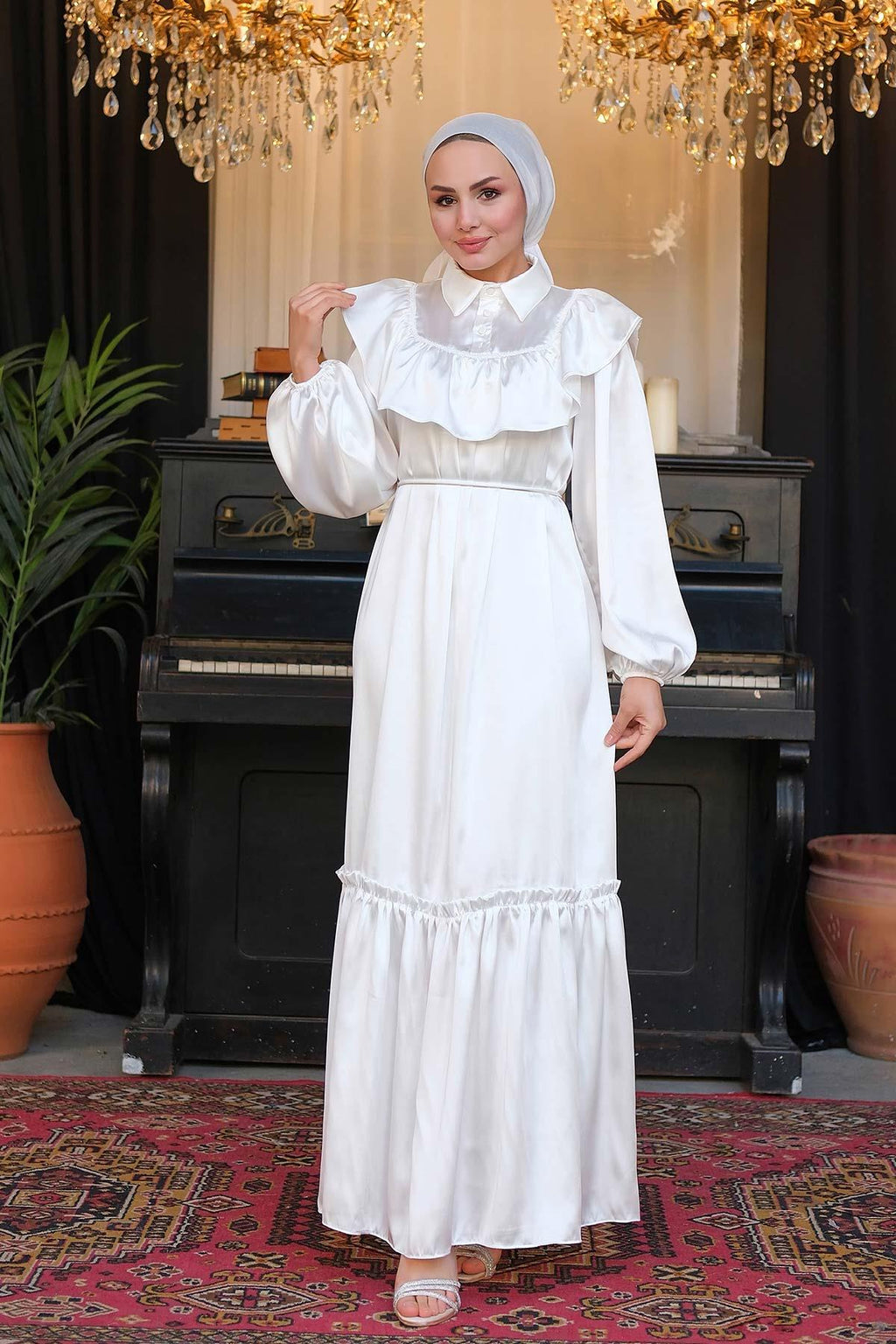 Silk Satin Lace Dress White