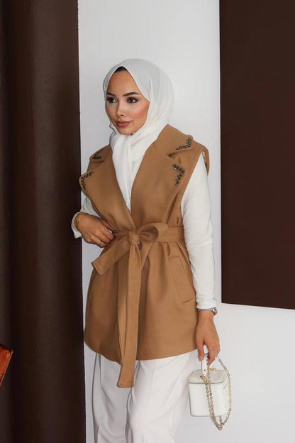 Yakası Taşlı Kaşe Hırka Taba