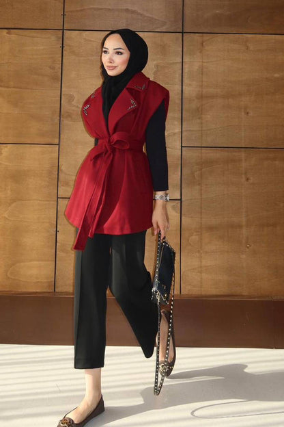 Yakası Taşlı Kaşe Hırka Bordo