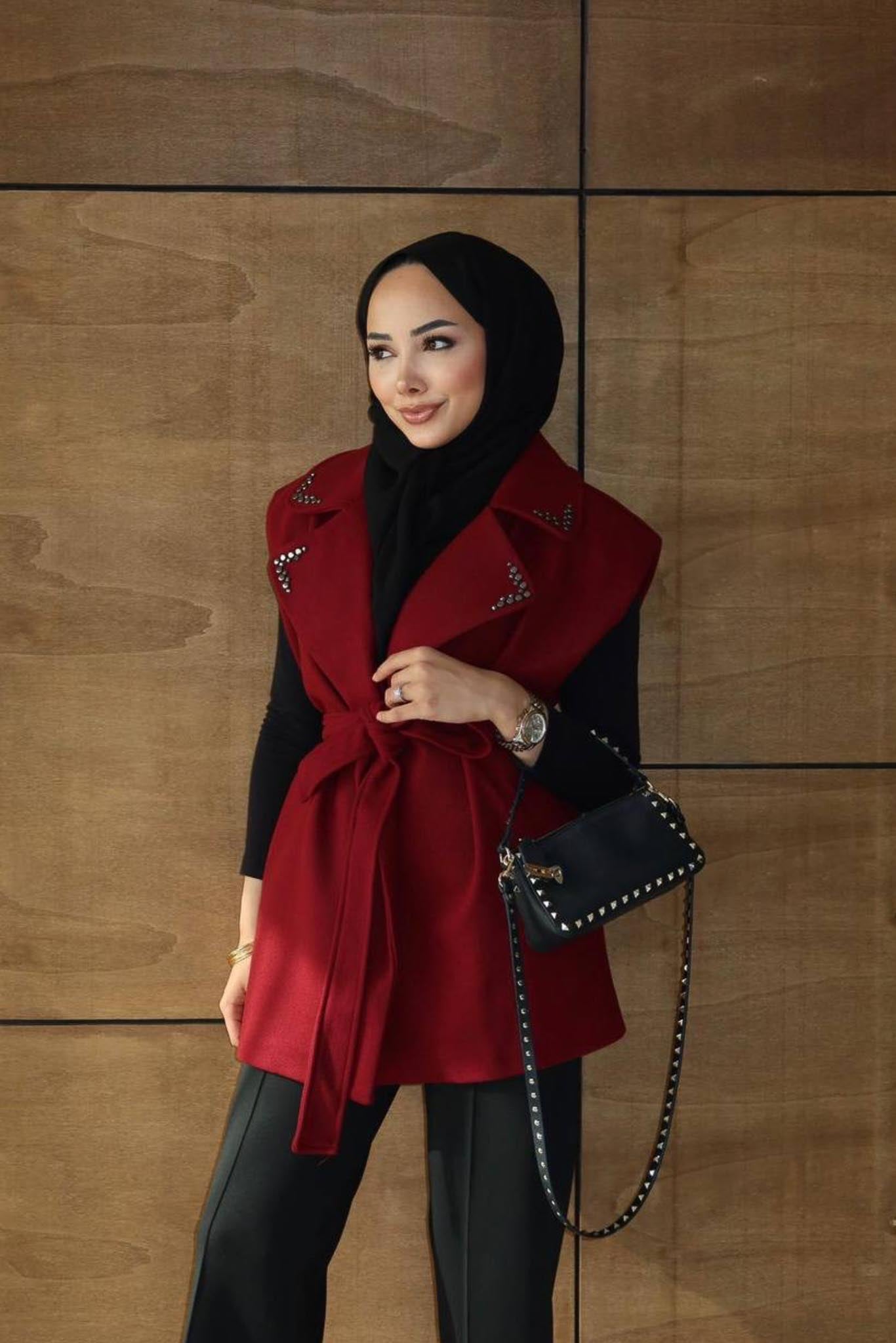 Yakası Taşlı Kaşe Hırka Bordo