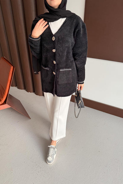 Gold Varaklı Angora Hırka Siyah