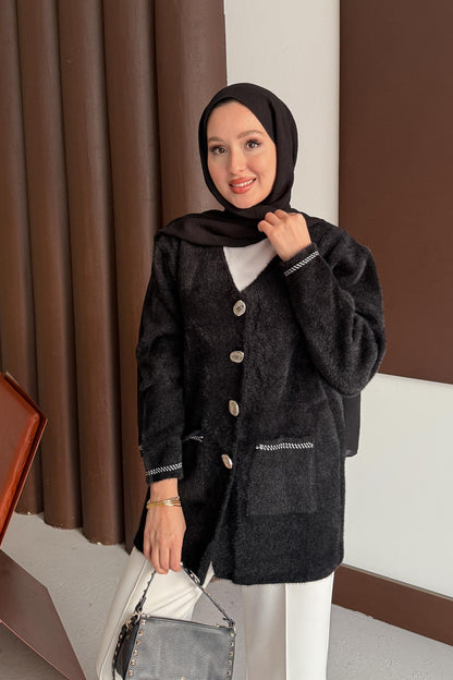 Gold Varaklı Angora Hırka Siyah