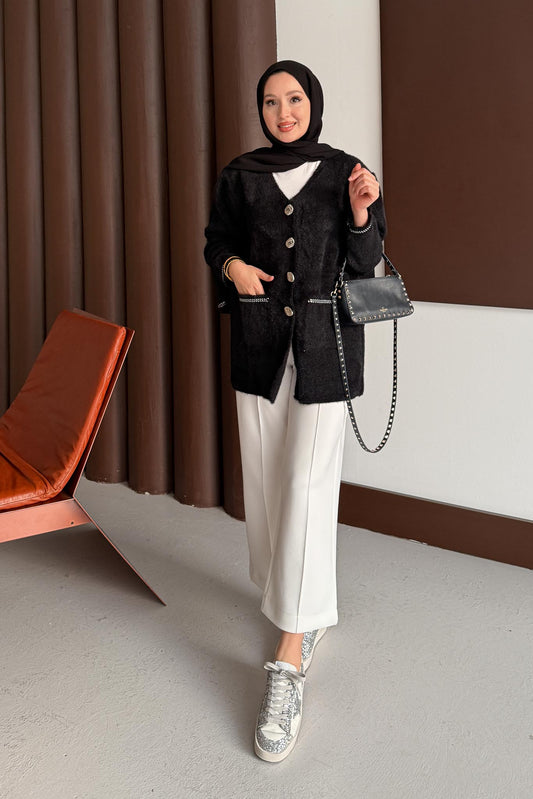 Gold Varaklı Angora Hırka Siyah