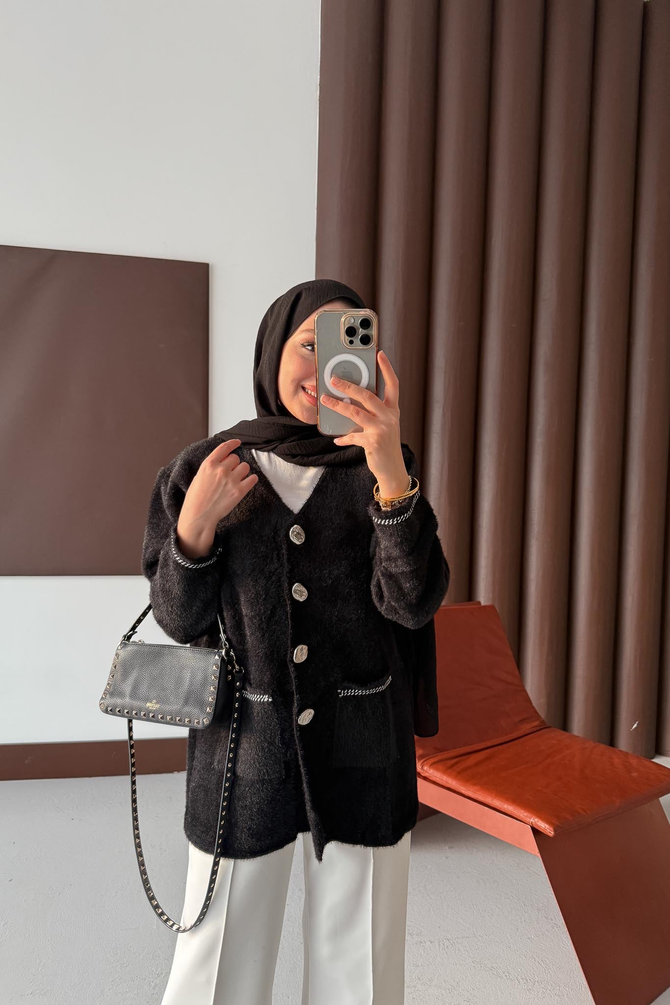 Gold Varaklı Angora Hırka Siyah