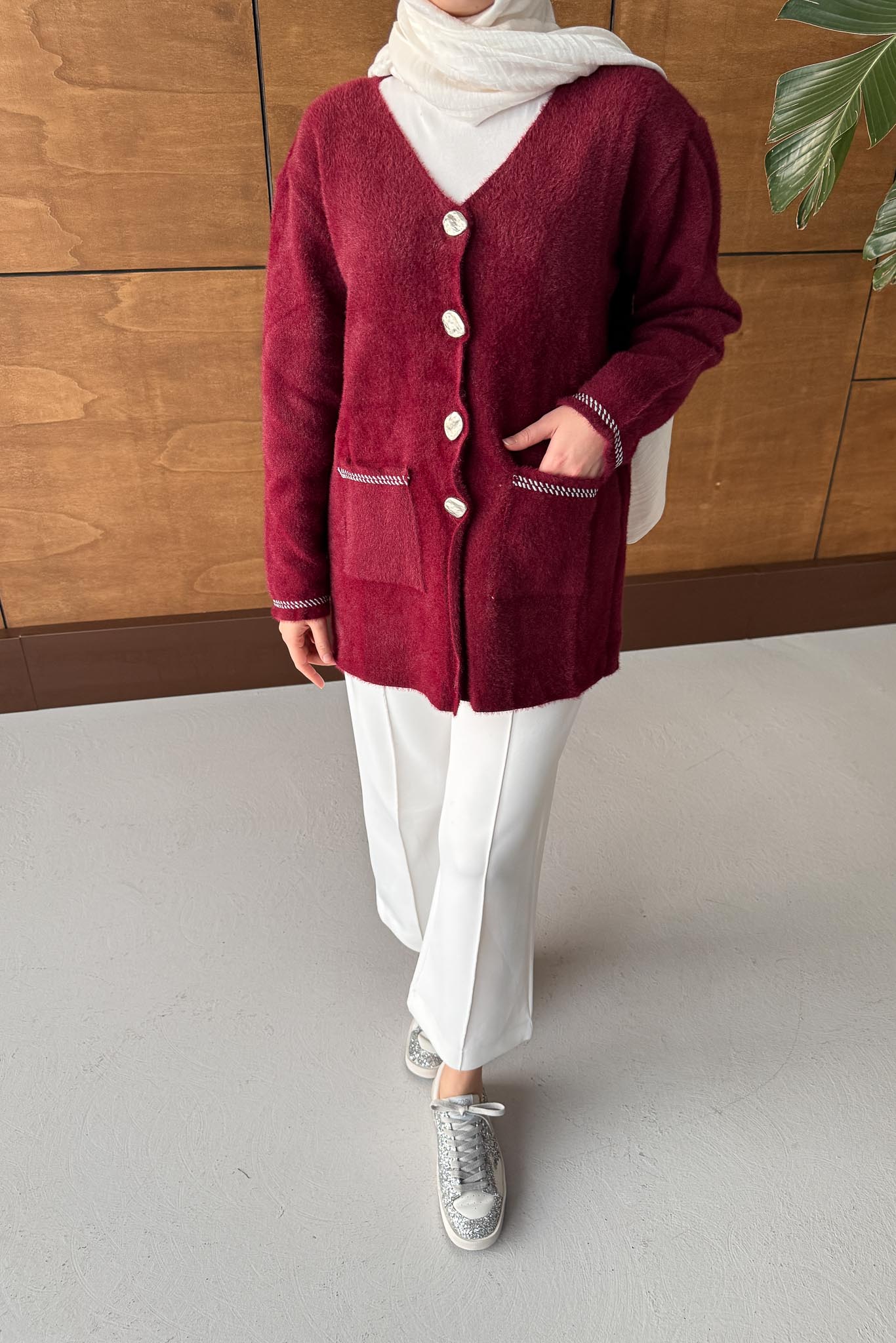 Gold Varaklı Angora Hırka Bordo