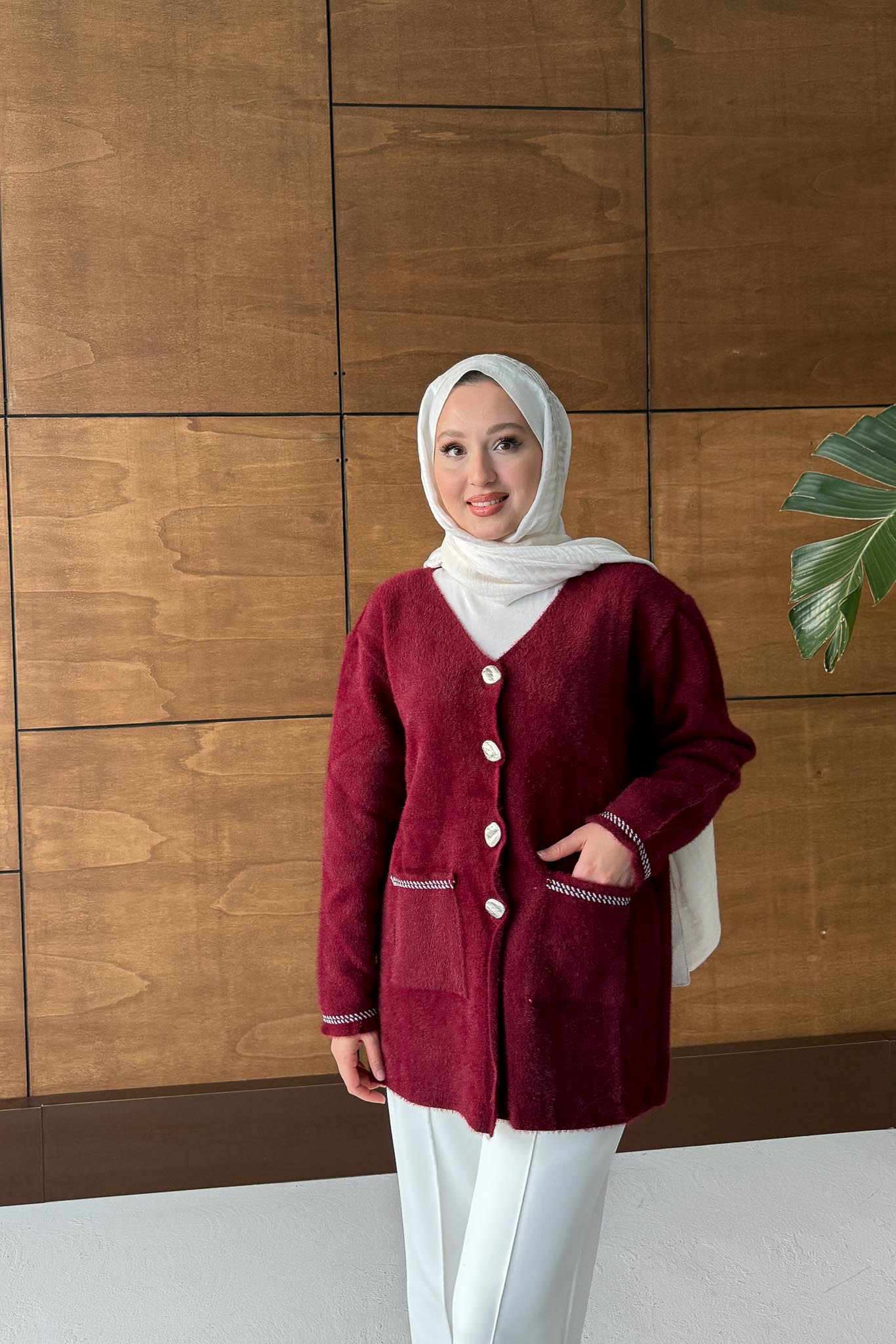 Gold Varaklı Angora Hırka Bordo