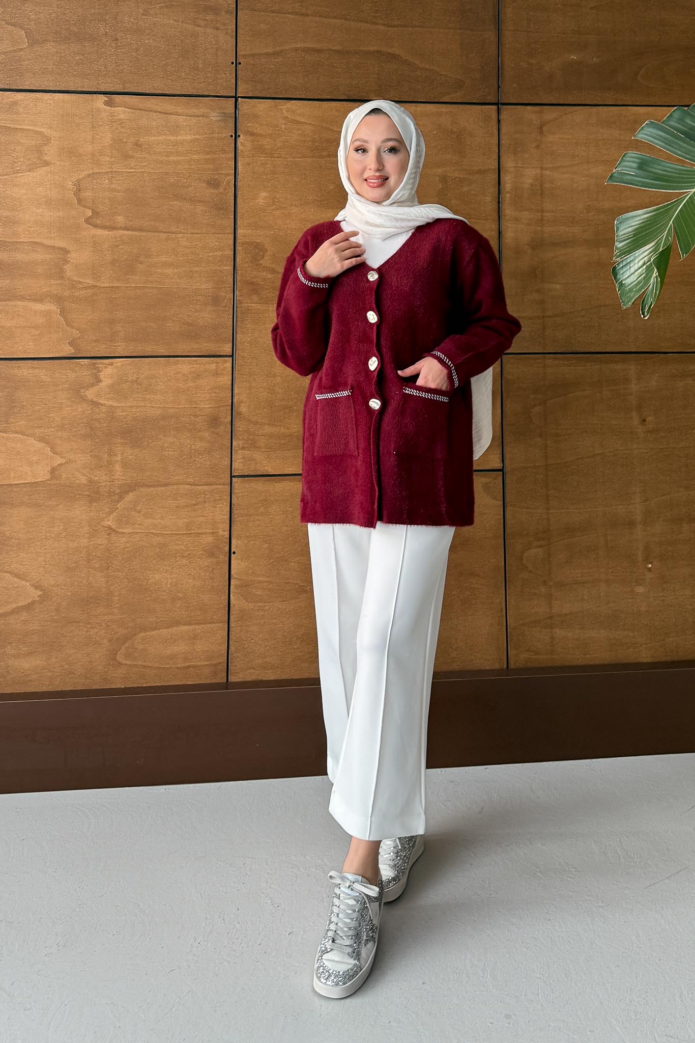 Gold Varaklı Angora Hırka Bordo