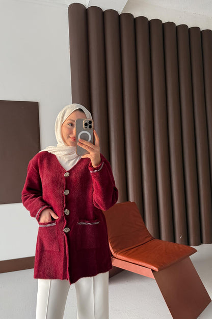 Gold Varaklı Angora Hırka Bordo