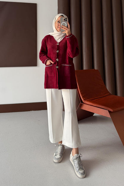 Gold Varaklı Angora Hırka Bordo