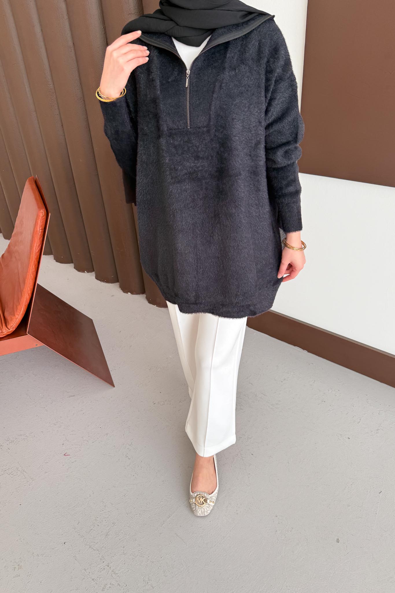 Fermuarlı Angora Kazak Siyah