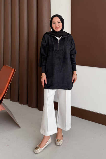 Fermuarlı Angora Kazak Siyah