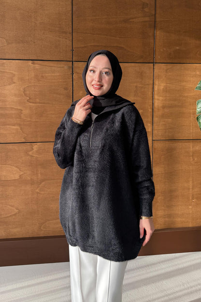 Fermuarlı Angora Kazak Siyah