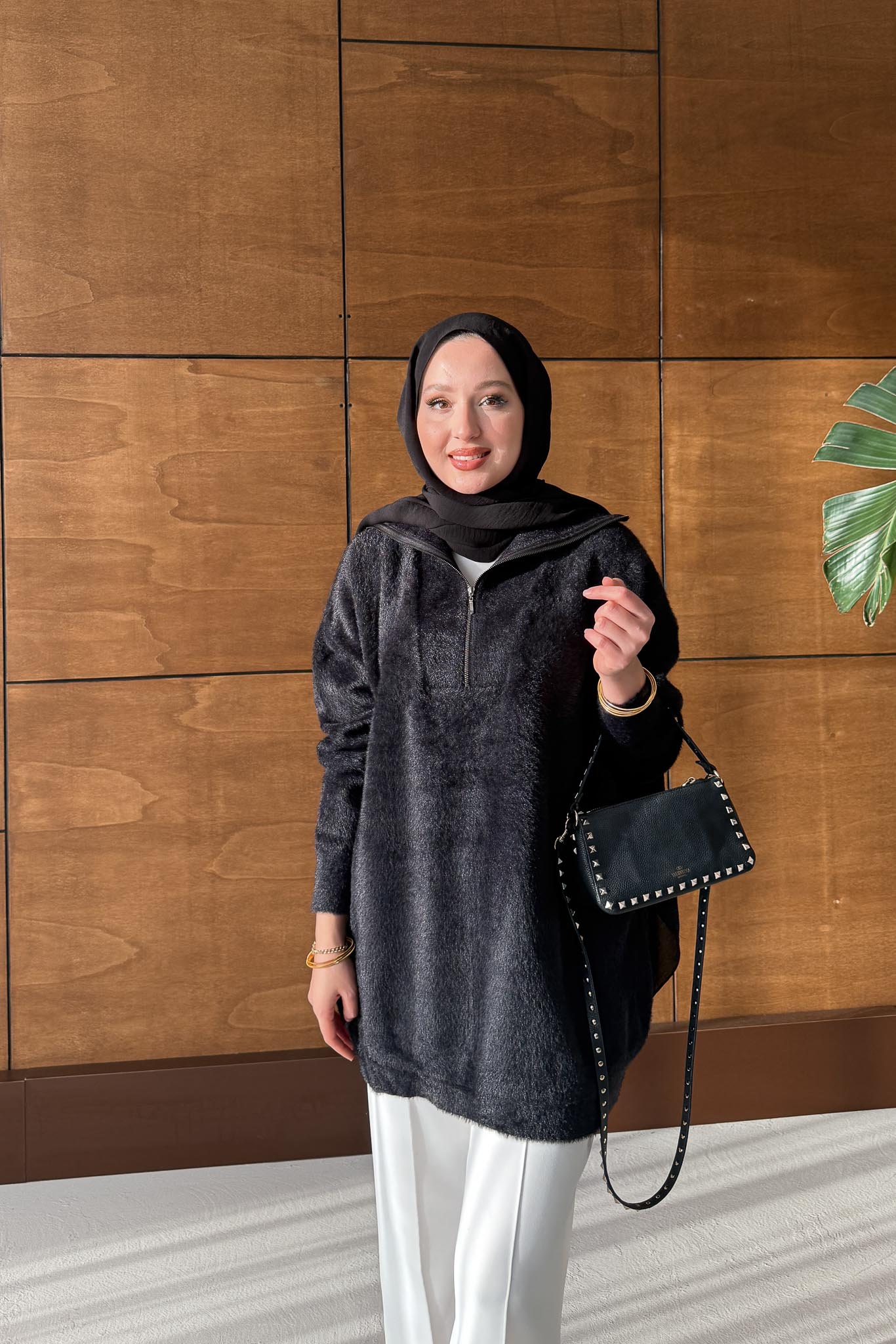 Fermuarlı Angora Kazak Siyah