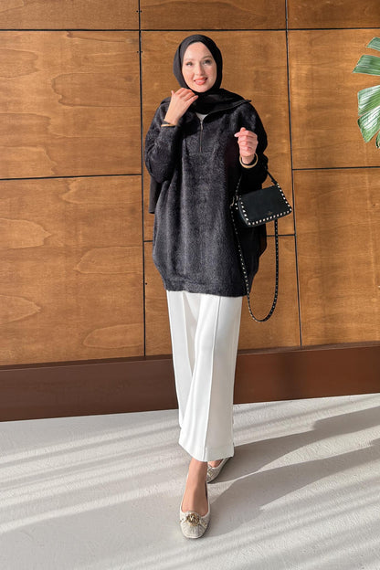 Fermuarlı Angora Kazak Siyah