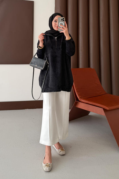 Fermuarlı Angora Kazak Siyah