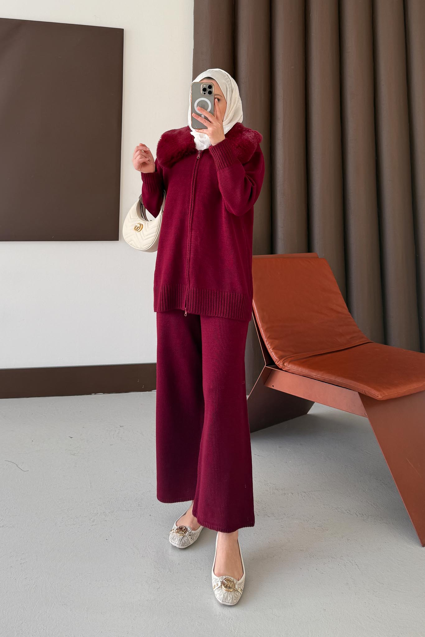 Yakası Kürklü Triko Takım Bordo