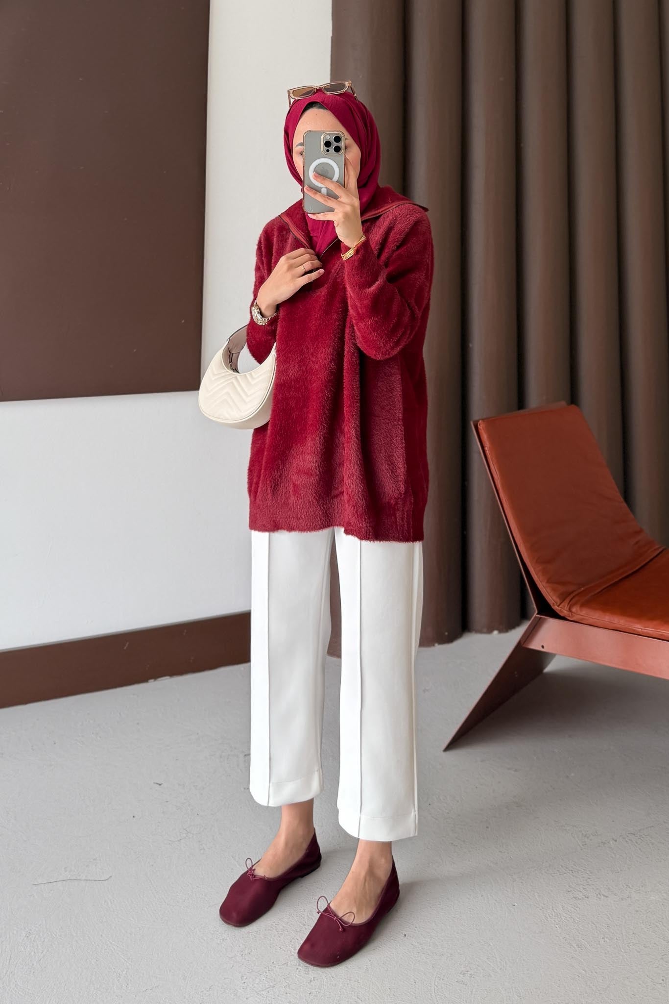 Fermuarlı Angora Kazak Bordo