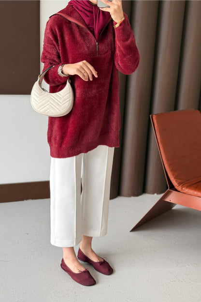 Fermuarlı Angora Kazak Bordo